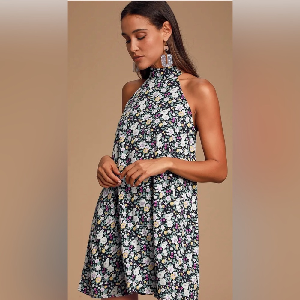 Lulu's Floral Halter Dress - Black and White